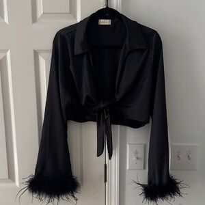 Cropped Satin Black Tie-Front Blouse with Feather Trim
